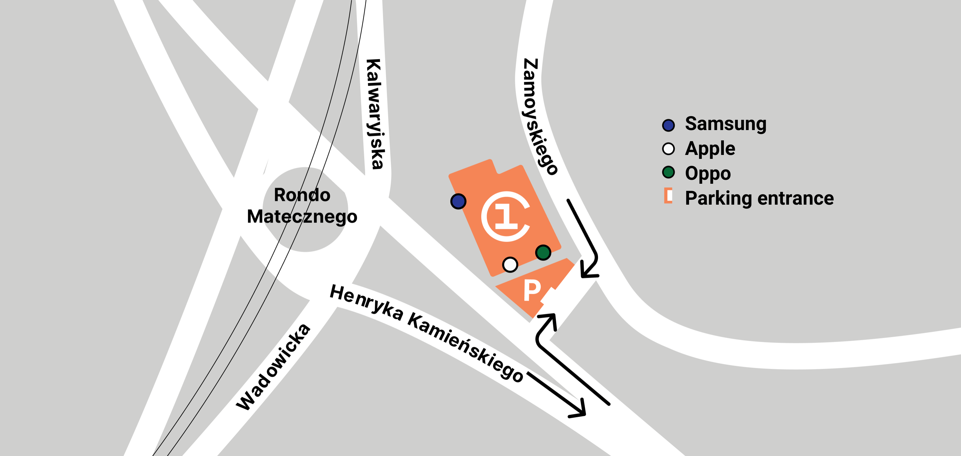 Mapa Krakowa, ze wskazaniem lokalu 1Core.